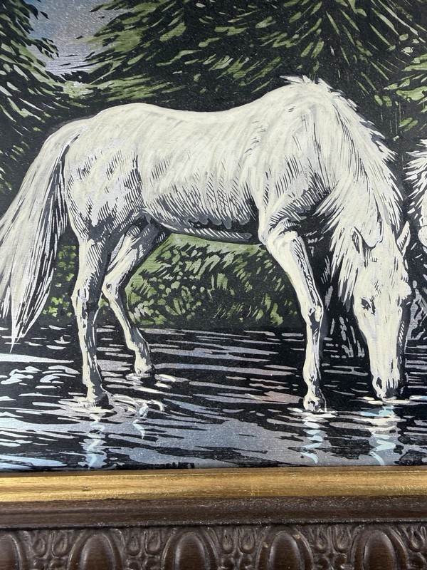 Vintage Framed Carreno Signed White Horses River Forest Painting Canvas Art gallery