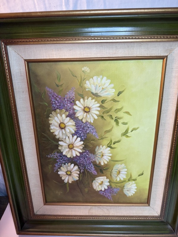 Original Floral Oil Painting Daisies Lilacs Signed Canvas Framed 24×19