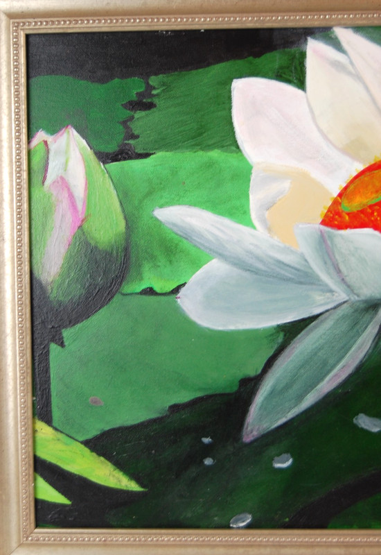 Framed Original Botanical Water Lily Flowers Impressionist Oil Painting 20X16 gallery