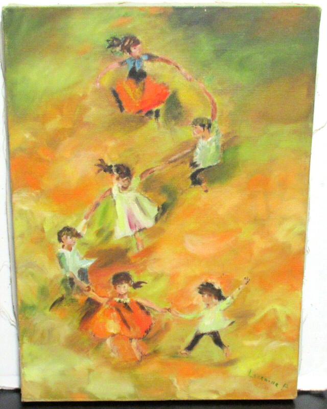LORRAINE P. CHILDREN PLAYING IN A FIELD ORIGINAL OIL ON CANVAS PAINTING UNFRAMED