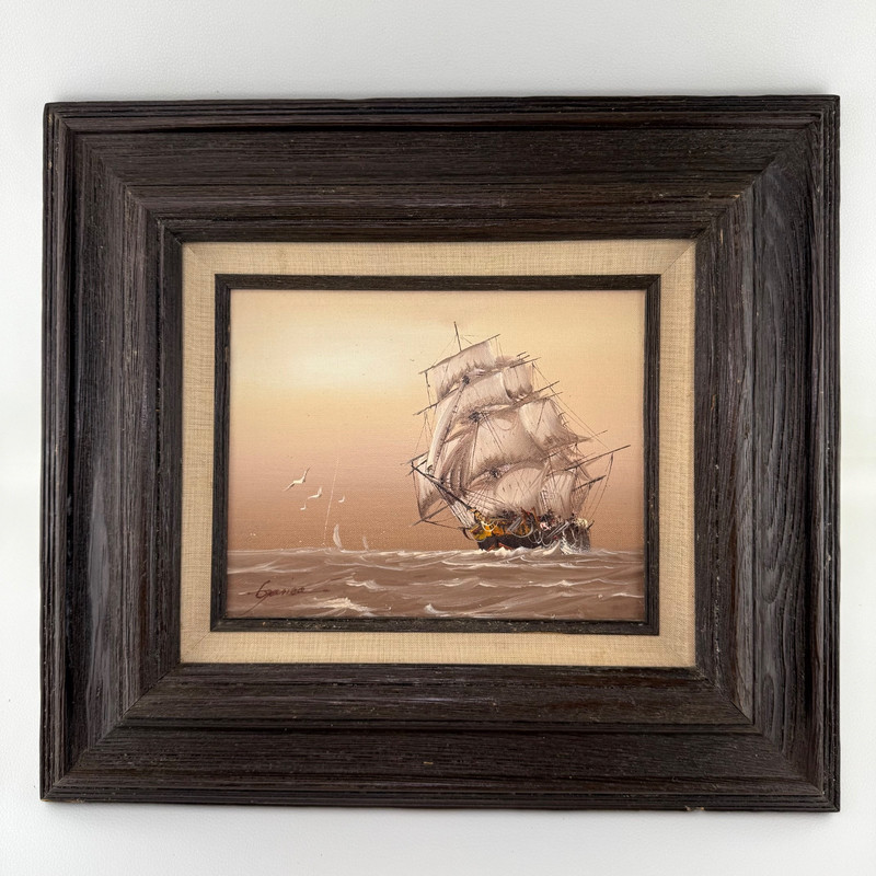 Vtg Painting Clipper Ship Nautical Signed Garcia Creative Interiors 18×16.25″