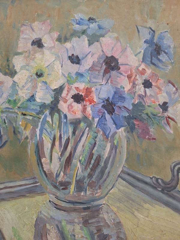 Painting Antique Oil Flowers Still Life Bouquet IN Vase Painting Framed gallery