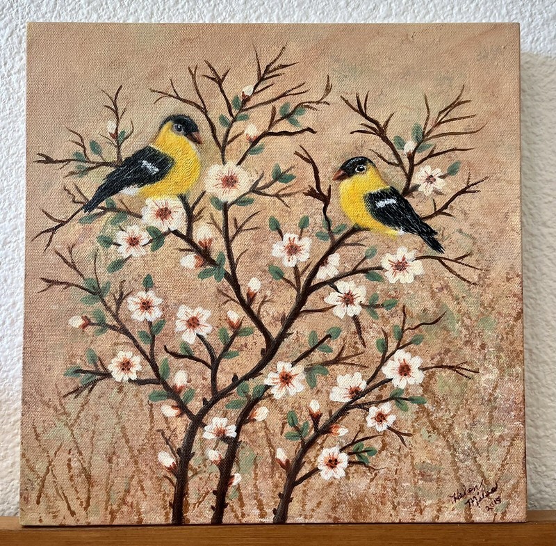 Yellow Finch Bird Painting Original Art Spring Apple Cherry Tree Artist Signed gallery
