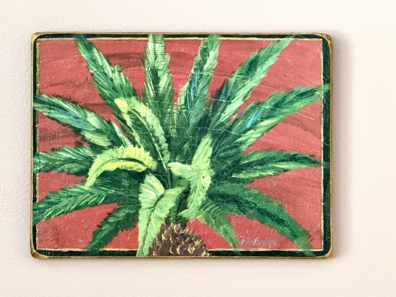 Vintage ORIGINAL Acrylic on Wood * Maria Reyes Jones "Date Palm on Red" SIGNED gallery