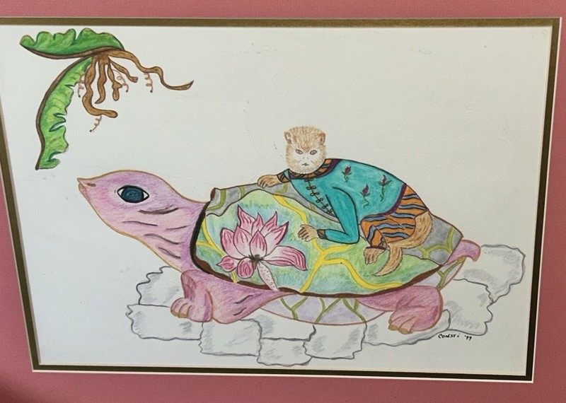 VTG ‘99 Signed Chinoiserie MONKEY RIDING TURTLE Custom Framed 18.75×22.75” #1of2