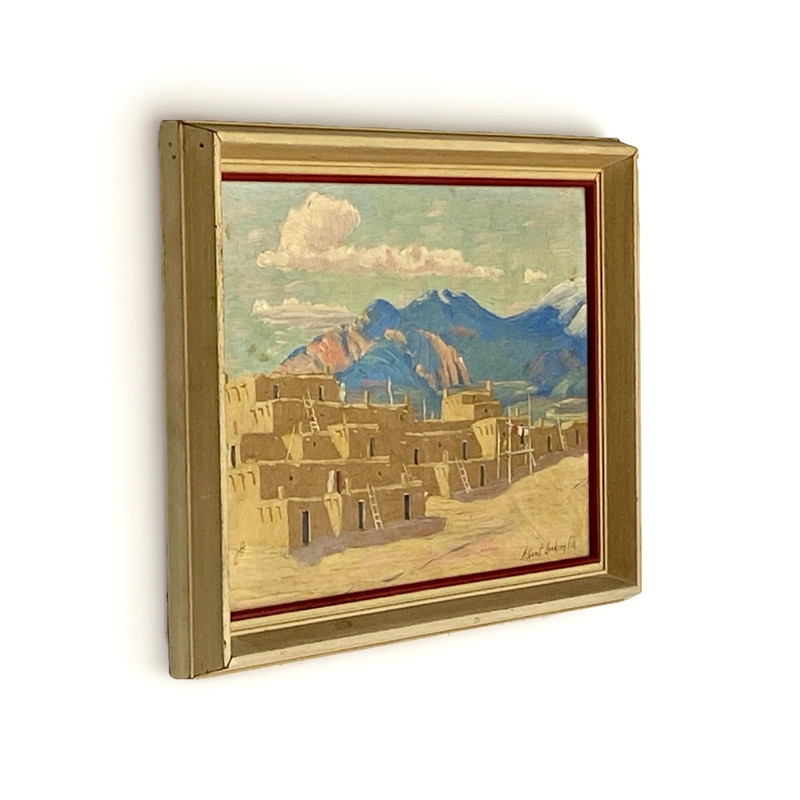 Orig Albert Looking Elk (Martinez) Oil Painting, Taos Pueblo, Framed 14" x 10" gallery