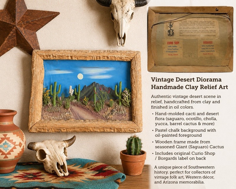 Vintage Handmade Arizona Desert Diorama Shadow Box Folk Art Relief Scene