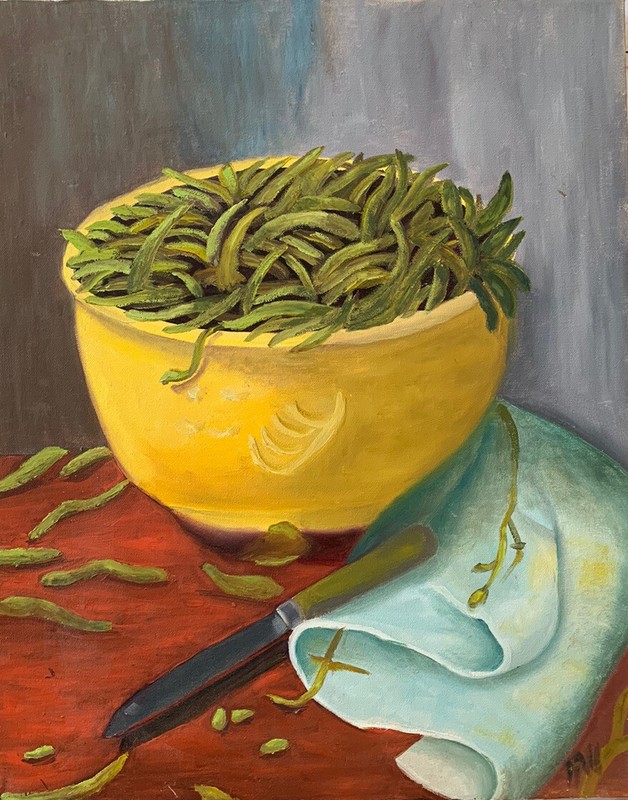 GREEN BEAN STILL LIFE OIL PAINTING VEGETABLE Vtg ORIGINAL SIGNED KITCHEN ART gallery