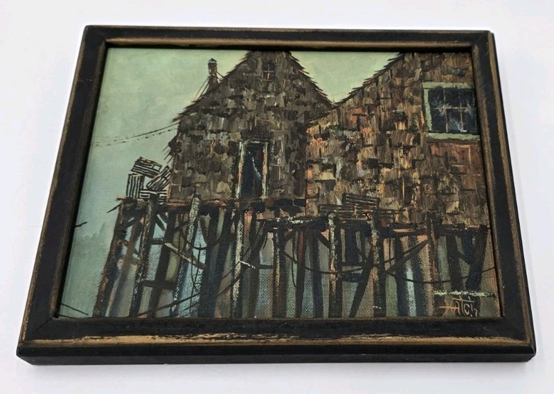 John W Hatch 1919-98 vintage New England oil canvas seaside stilt houses 10x8 gallery