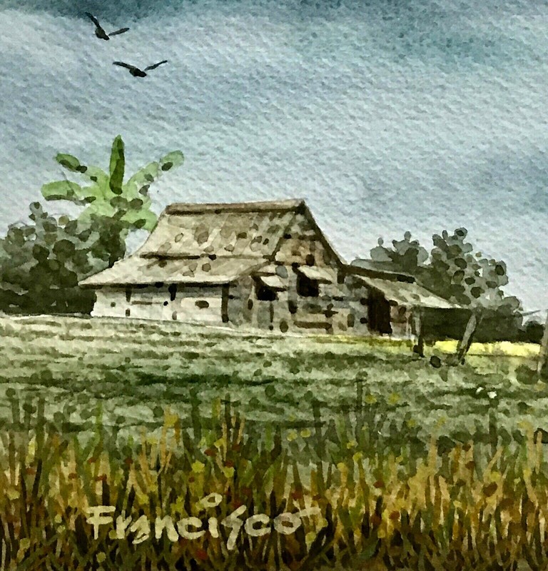 Original Signed FRANCISCO Watercolor Australian Landscape Boy w/ Sling-Shot Bird gallery