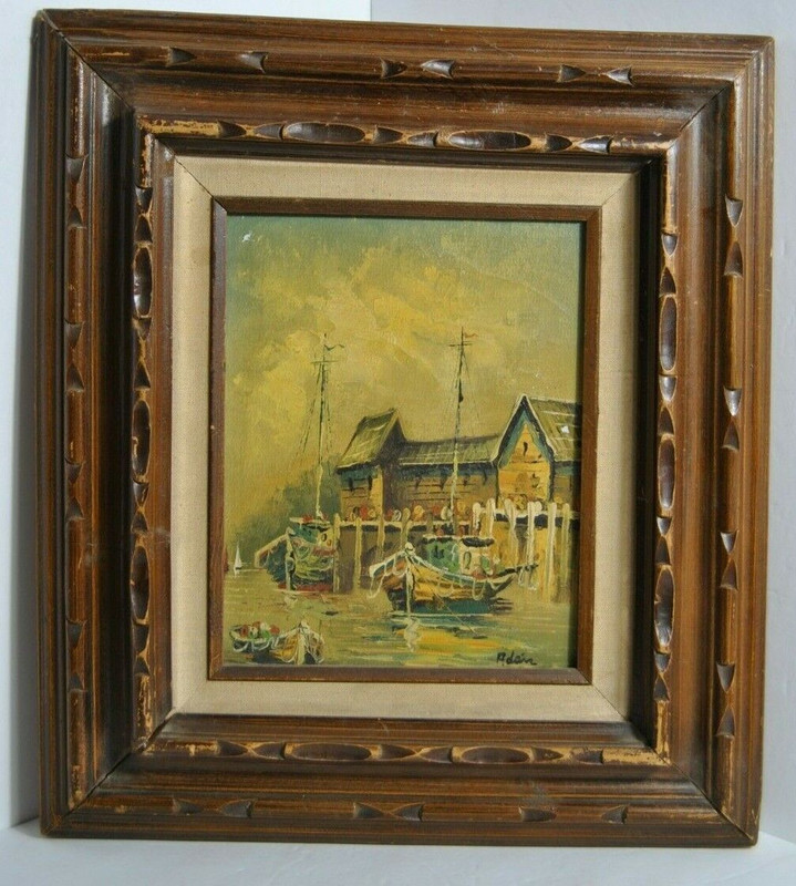Vintage Oil on Canvas Boats at Dock House Artist Signed by ADAIR Framed