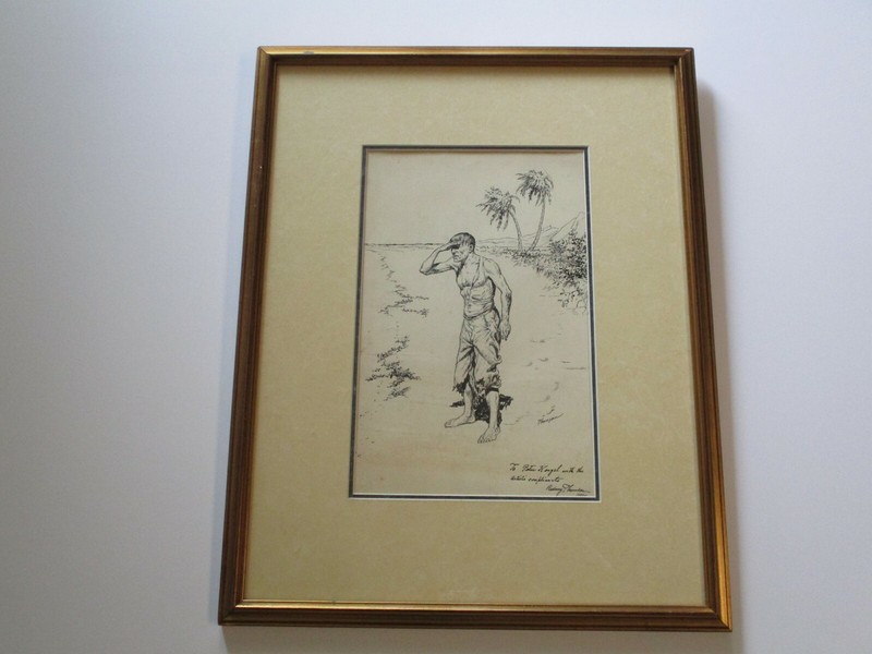 VINTAGE ANTIQUE DRAWING PORTRAIT DESERTED TROPICAL ISLAND MAN RODNEY THOMSON