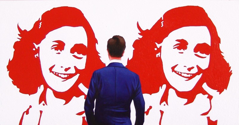 NATO secretary general Mark Rutte enjoying portrait Anne Frank- 24×12″-G Boersma