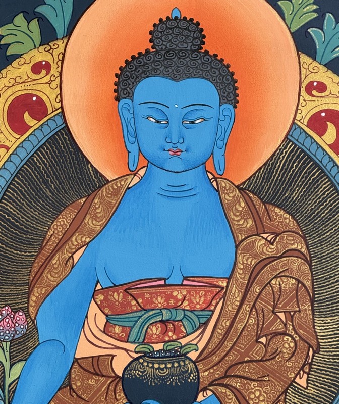 ORIGINAL HAND-PAINTED MEDICINE BUDDHA/MASTER TIBETAN THANGKA / THANKA PAINTING gallery