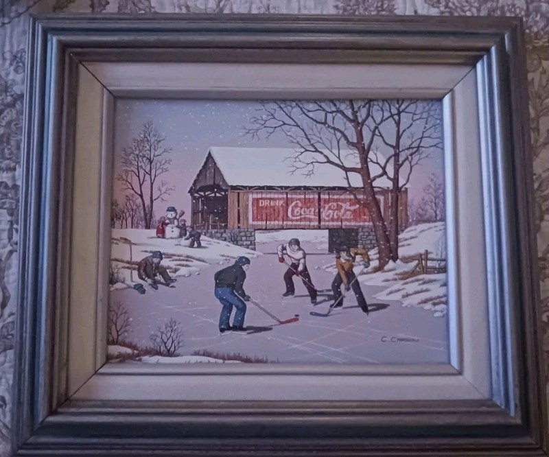 C. Carson Vintage Framed Canvas Oil Painting Boys Winter Hockey on Ice Coca Cola