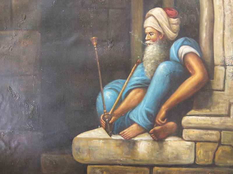 Large Moroccan Original Painting Canvas Old Man Smoking Unframed. gallery