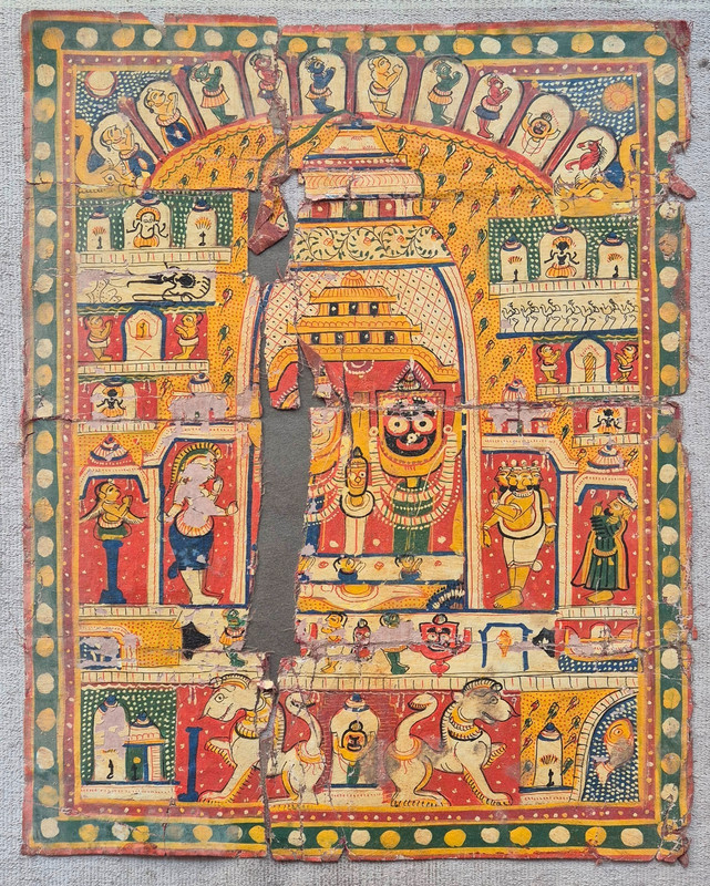 ANTIQUE HANDMADE 150 YEAR OLD PAINTING OF «LORD JAGGANATH JI» ON VINTAGE CLOTH.