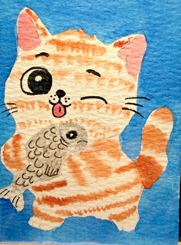 ACEO Original OOAK Signed (Not a Print) «Catch of the Day» Orange Tabby Cat Fish