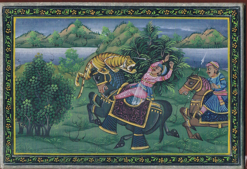 Mughal Indian Miniature Painting Of Hunting scene Tiger On Marble Plate 6x4" gallery