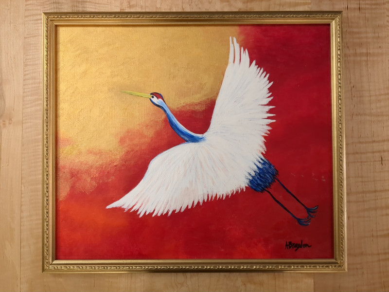 Original Painting of White Crane in Flight – Red & Gold Background – Framed