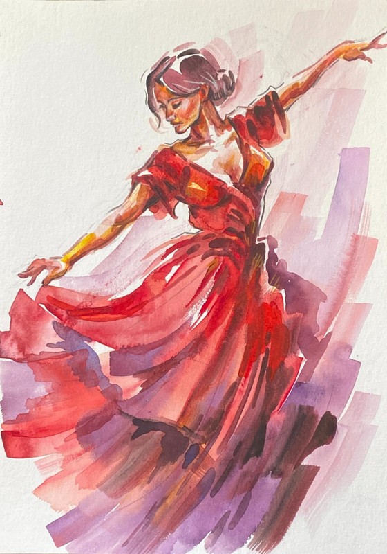 Hand made, Watercolor Drawing, Elegant Woman, Flamenco dance, 11 2/3 x 8 inches