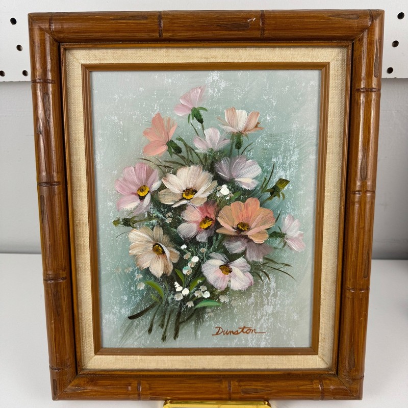 Vtg Dunston Floral Oil Painting Faux Bamboo Frame Flowers Cottagecore Art Boho gallery