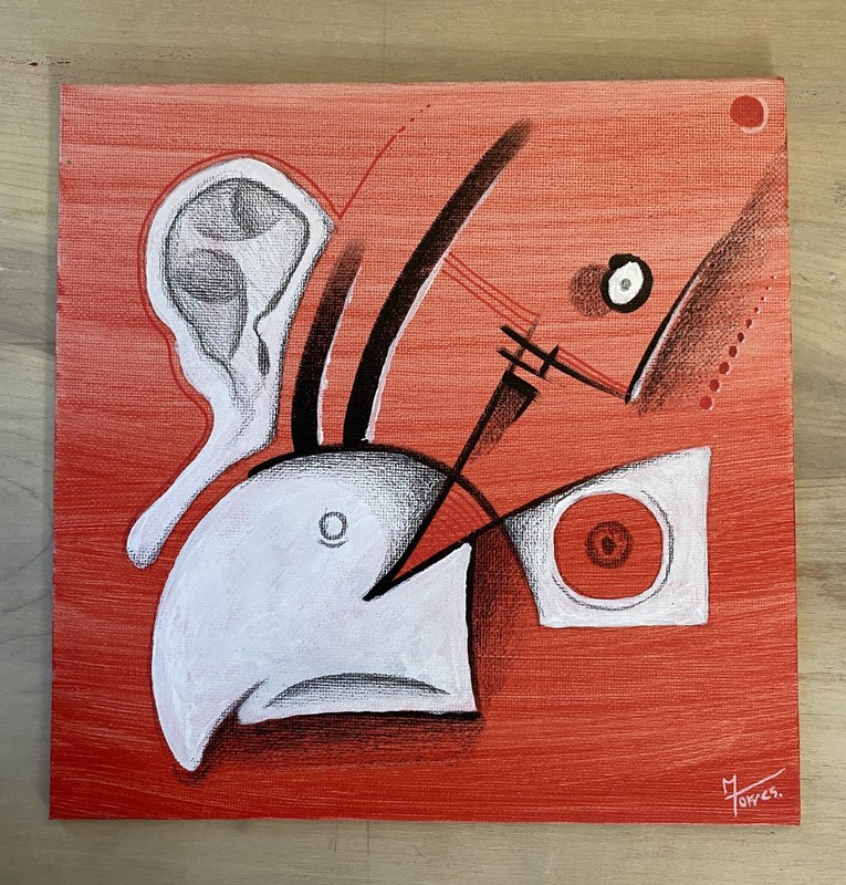 Original Abstract Face, acrylic paint and pencil On Canvas Board, 8×8 Inches