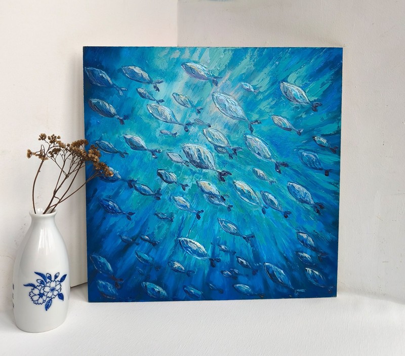 Underwater Oil Painting,Fish Abstract, Original Art, gallery