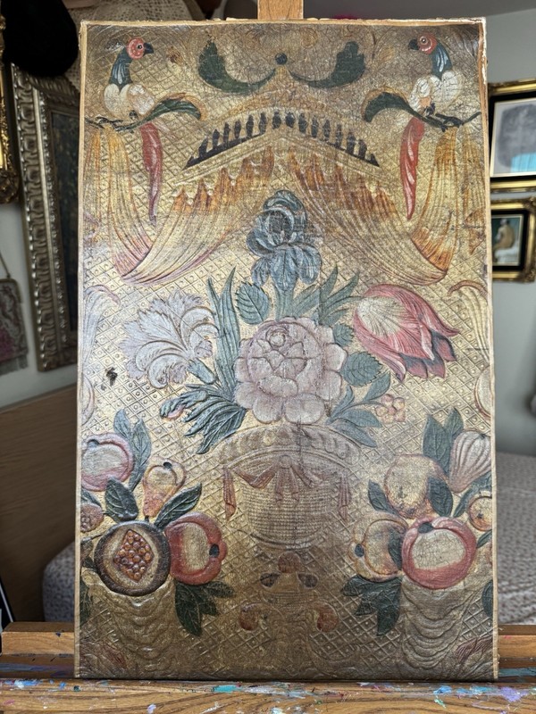 Extremely Rare 18th Century Spanish Painted Leather Panel with Gilt Decoration gallery