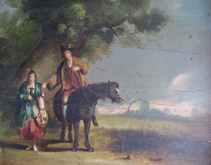 c1700s WINKING PEASANT GIRL & HORSEMAN Risque Oil Painting on Wood Panel ENGLISH