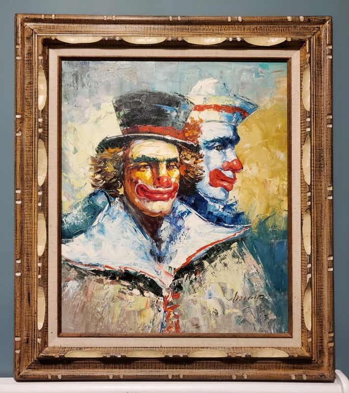 Vtg Framed Clown Surrealism Oil Painting Signed Anthony Veccio Large 28″ X 32″