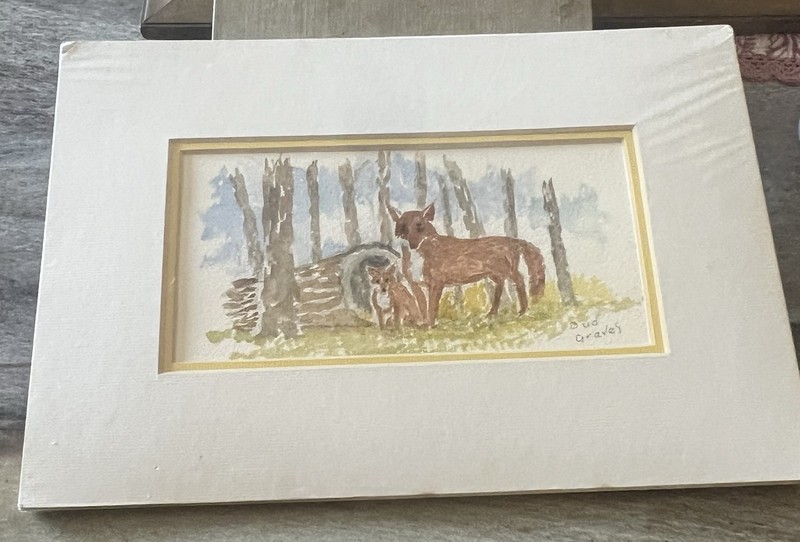 Fox Family Watercolor Painting Unframed. Double Matted. Signed. 8×12