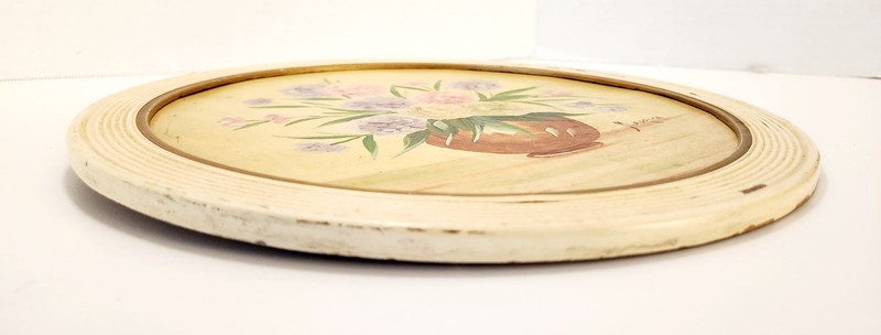 VTG Round Hand Painted Spring Flowers on Board Wall Hanging Pink Framed 11.5" gallery