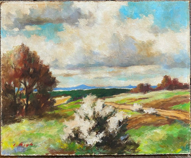Oil Painting Sign E. Kinh Field And Cloud Landscape With Trail IN Late Summer