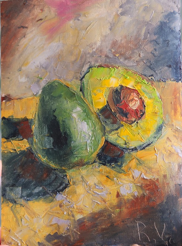 Ripe Avocado still life oil painting, avocado wall art, decor for kitchen 7×10″