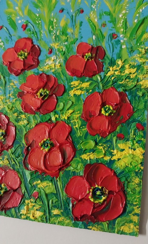 Framed Red Poppies Summer Wild Flowers Art 4x6" Impasto Oil Painting Original gallery