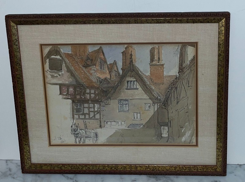 BEAUTIFUL ANTIQUE 1866 WATERCOLOR AND DRAWING OF AN EUROPEAN VILLAGE