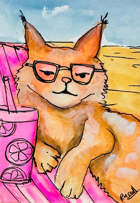 Original ACEO Cool Cat Beach Watercolor Painting Cute Summer Kitty Wall Art Gift