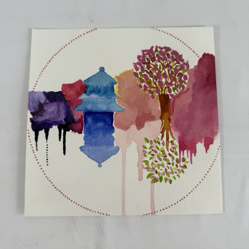 Original Painting Art Asian Reflections Tracy Eau Claire on Paper 6″ x 6″