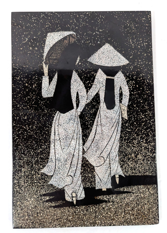 Vietnamese Crushed Eggshell Mosaic Black Lacquer Artwork Wall Hanging 2 Girls
