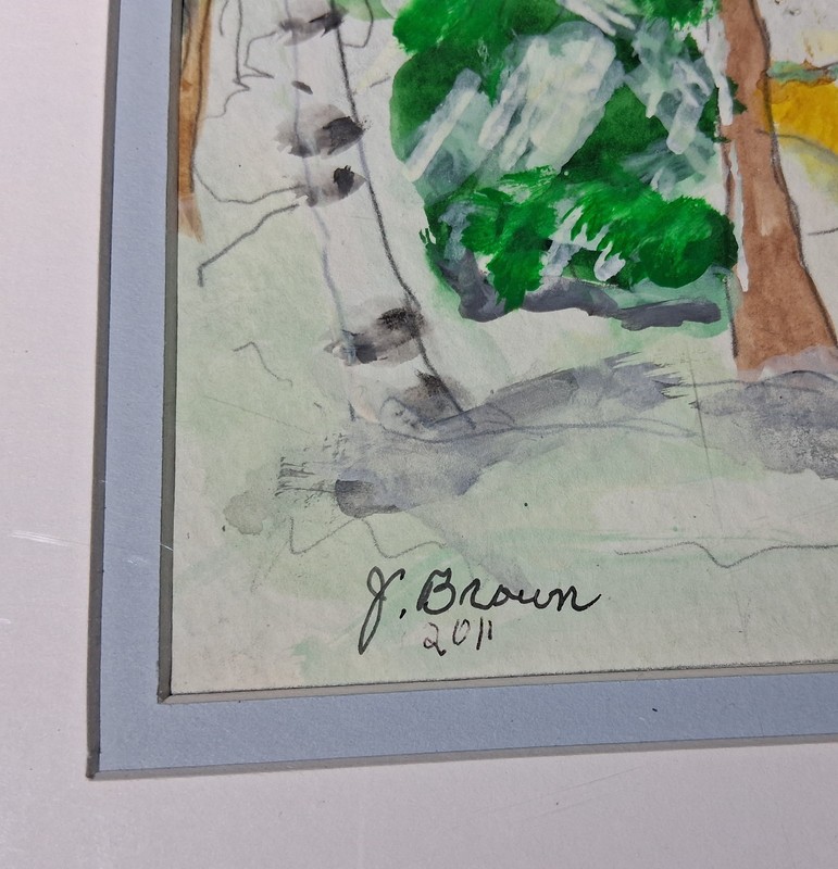 Winter Church Birch Trees Original Frame Watercolor Painting Signed J Braun 2011 gallery