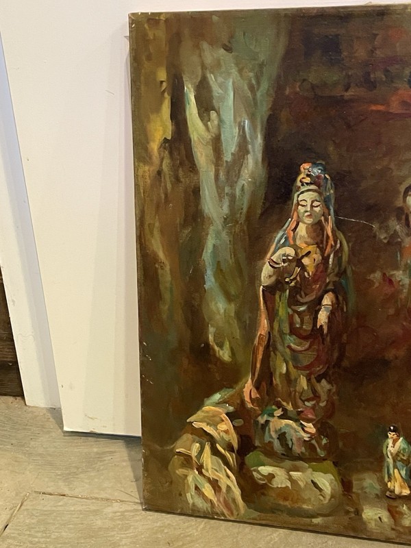 Vintage Oil Painting STILL LIFE ORIENTAL STATUE Antique 24”X 20” gallery
