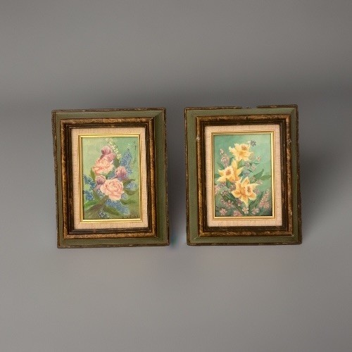 VTG 1960’s Still Life Floral Oil Paintings in Green Gold Frames 11” X 9” Set gallery