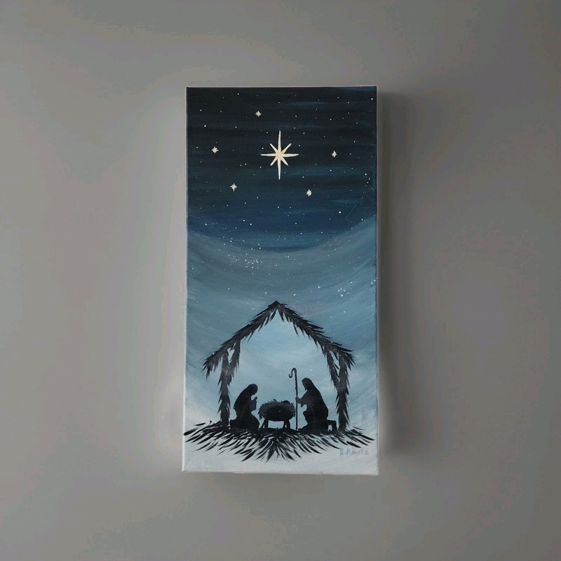 The Nativity Scene Silhouette Painting on 12×24″ canvas, Christmas Painting