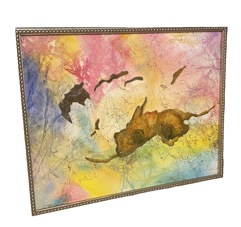 ORIG ART 3D Modern Mixed Media Abstract Watercolor Oil Painting Signed Framed