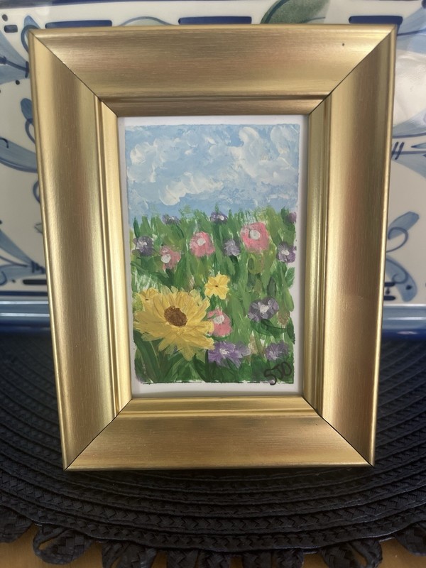 Wildflowers in Field miniature framed acrylic painting signed 3.5"X 4-3/4" aceo gallery