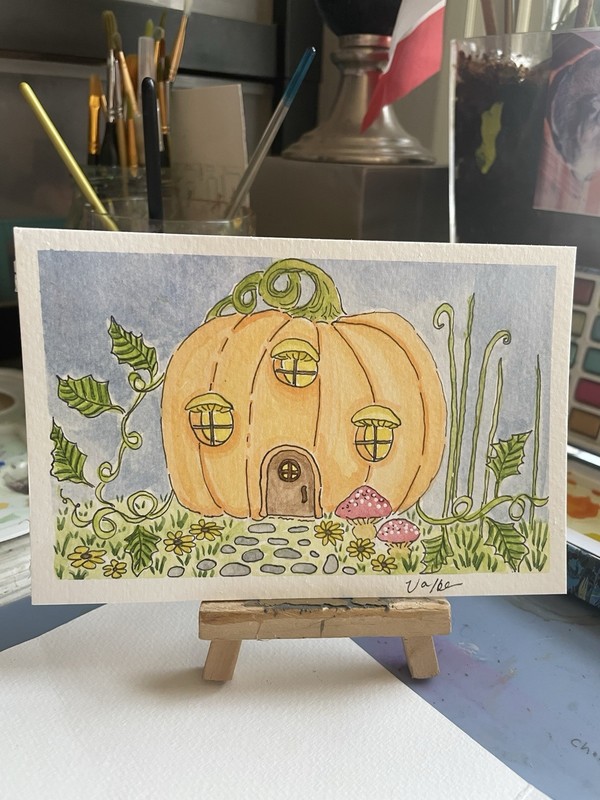 OOAK Pumpkin Cottage House Floral Garden Watercolor Painting Signed Unframed gallery