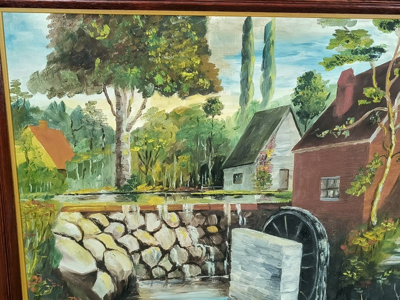 Vintage 1958 Large Wood Framed 3D Oil Painting "Old Mills" Georgia Artist Signed gallery