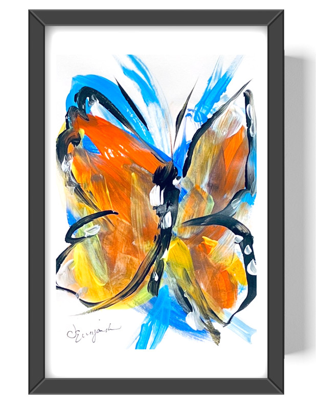 Guajardo Art: Monarch and Blue Butterfly 9X6 Paper Abstract Neo Expressionism