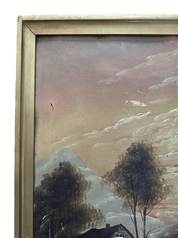 Vintage Signed Oil on Board Landscape 21x17 Framed Mountain Lake Cottage Art gallery